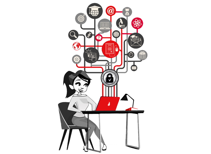 edukacja online - dziewczyna przed monitorem, z ktorego wyrasta drzewo z ikonami różnych aplikacji